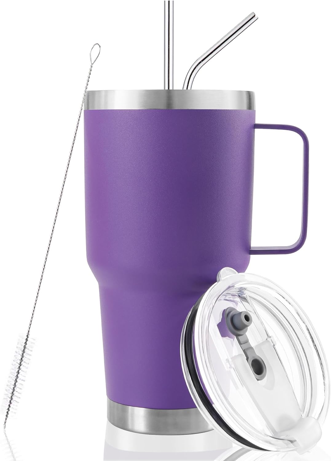 30 oz Tumbler With Handle, Double Wall Stainless Steel Vacuum Insulated Travel Mug with Splash-Proof Lid Metal Straw and Brush (Cream)