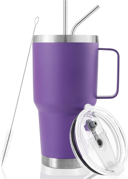 30 oz Tumbler With Handle, Double Wall Stainless Steel Vacuum Insulated Travel Mug with Splash-Proof Lid Metal Straw and Brush (Cream)