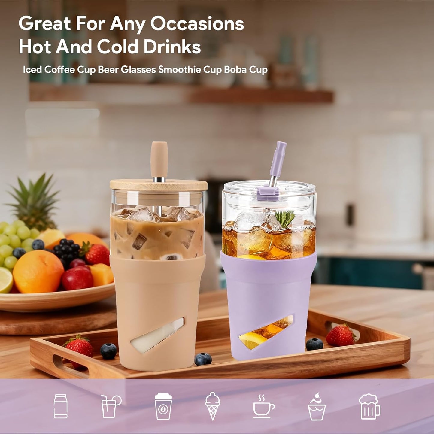 Glass Tumbler with Lids and Straws, 20 oz Iced Coffee Cup and Smoothie Cup with Bamboo Lid and On the go Lid,Glass Cups With Straws