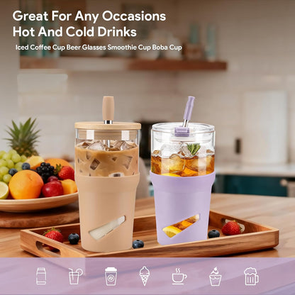 Glass Tumbler with Lids and Straws, 20 oz Iced Coffee Cup and Smoothie Cup with Bamboo Lid and On the go Lid,Glass Cups With Straws