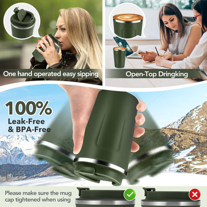 Volhoply 12 oz Double Wall Insulated Vacuum Travel Coffee Mugs with Flip Lid Bulk 2 Pack,Reusable Stainless Steel Leak Proof Coffee Cup,Portable Cafe Thermal Tumbler for Hot & Cold Drinks(Mix,2 Set)