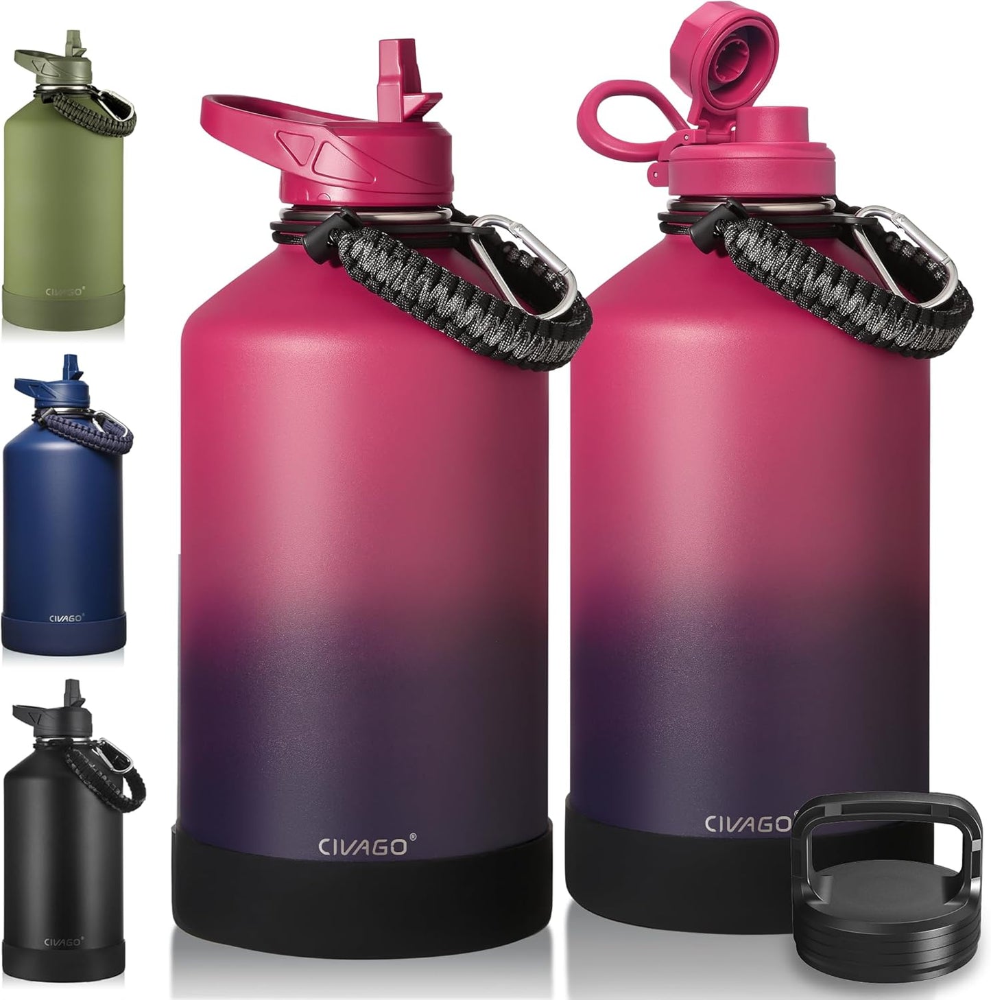 CIVAGO 32 oz Insulated Water Bottle With Straw, Stainless Steel Sports Water Cup Flask with 3 Lids (Straw, Spout and Handle Lid), Wide Mouth Travel Thermal Mug, Black