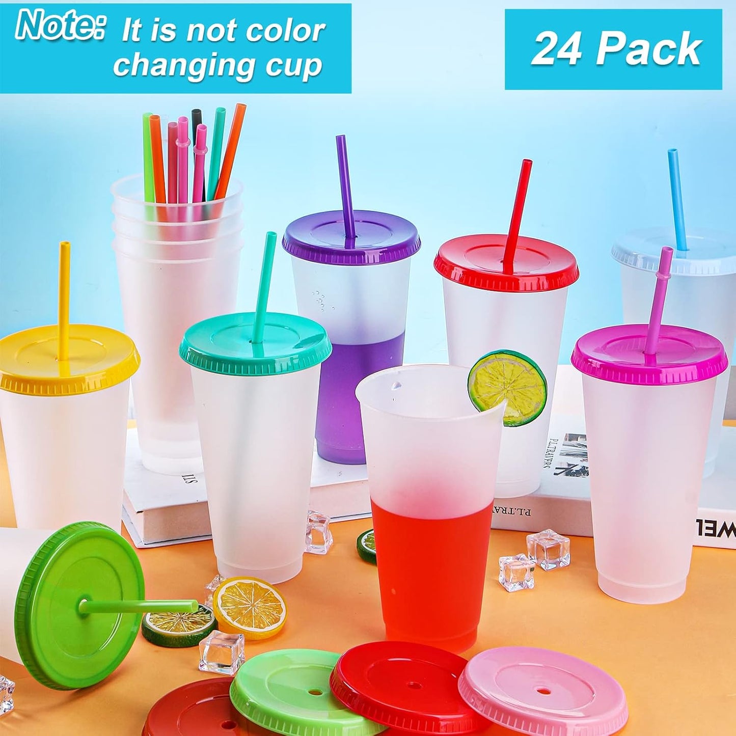 24 Pack Plastic Tumblers with Lids and Straw, Reusable Cups with Lids and Straws Colorful Cups for Cold Drink Iced Coffee, Plastic Tumbler Bulk for Party Birthday Gifts (24 oz, Stylish Colors)