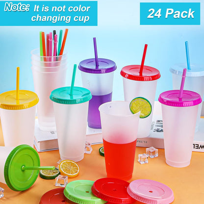 24 Pack Plastic Tumblers with Lids and Straw, Reusable Cups with Lids and Straws Colorful Cups for Cold Drink Iced Coffee, Plastic Tumbler Bulk for Party Birthday Gifts (24 oz, Stylish Colors)