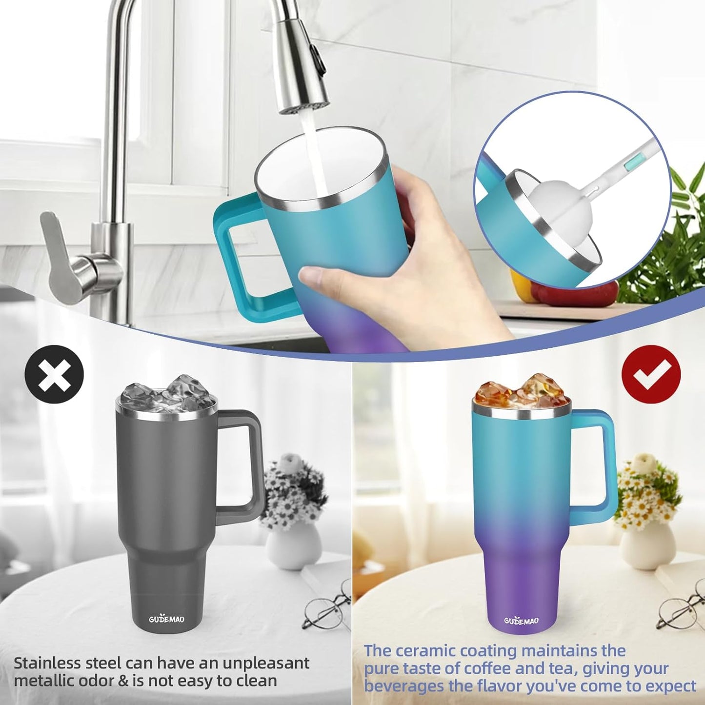 20 oz Insulated Coffee Mug with Ceramic Coating, Stainless Steel Travel Mug Tumbler with Handle Lid and Straw, Double Wall Leak-Proof Coffee Travel Mug Keeps Drink Hot and Cold (Black)