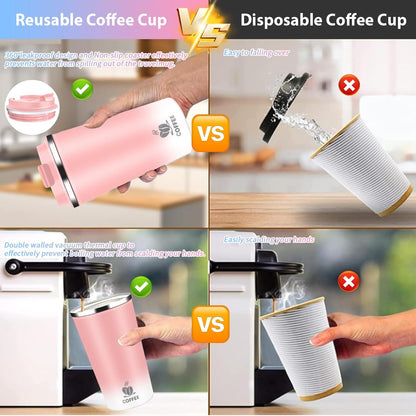 Insulated Travel Coffee Mug Reusable Coffee Tumbler Cup with Flip Lid Leak Proof Spill Proof for Office School Party Camping Hot and Cold Drink,Stainless Steel 17oz (Black)