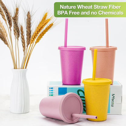 Mfacoy 4 Pack Wheat Straw Cups with Lid and Straws, 10 oz Unbreakable Kids Cup, Reusable Drinking Cups, Small Water Cup, Colourful Tumbler Cups for Kitchen, BPA Free, Dishwasher & Microwave Safe