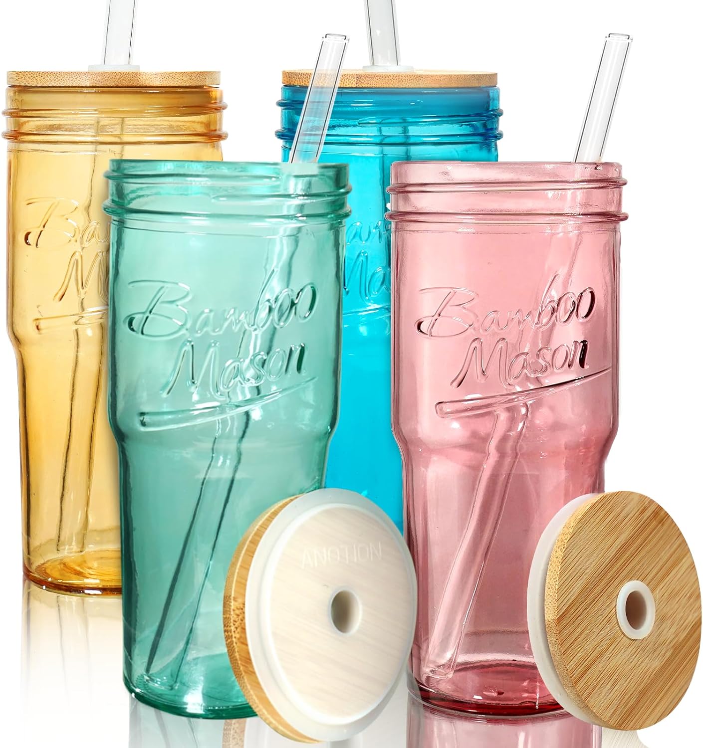 ANOTION Bamboo Mason Leakproof Mason Jar Cups with Lids and Straws, Cap Cup 24oz Glass Tumbler with Handle, Rotating Lid Silicone Straw, Reusable Iced Coffee Matcha Cup Coffee Gifts for Women 2pc
