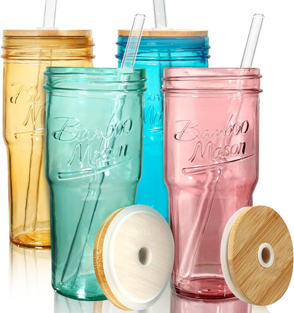 ANOTION Bamboo Mason Leakproof Mason Jar Cups with Lids and Straws, Cap Cup 24oz Glass Tumbler with Handle, Rotating Lid Silicone Straw, Reusable Iced Coffee Matcha Cup Coffee Gifts for Women 2pc