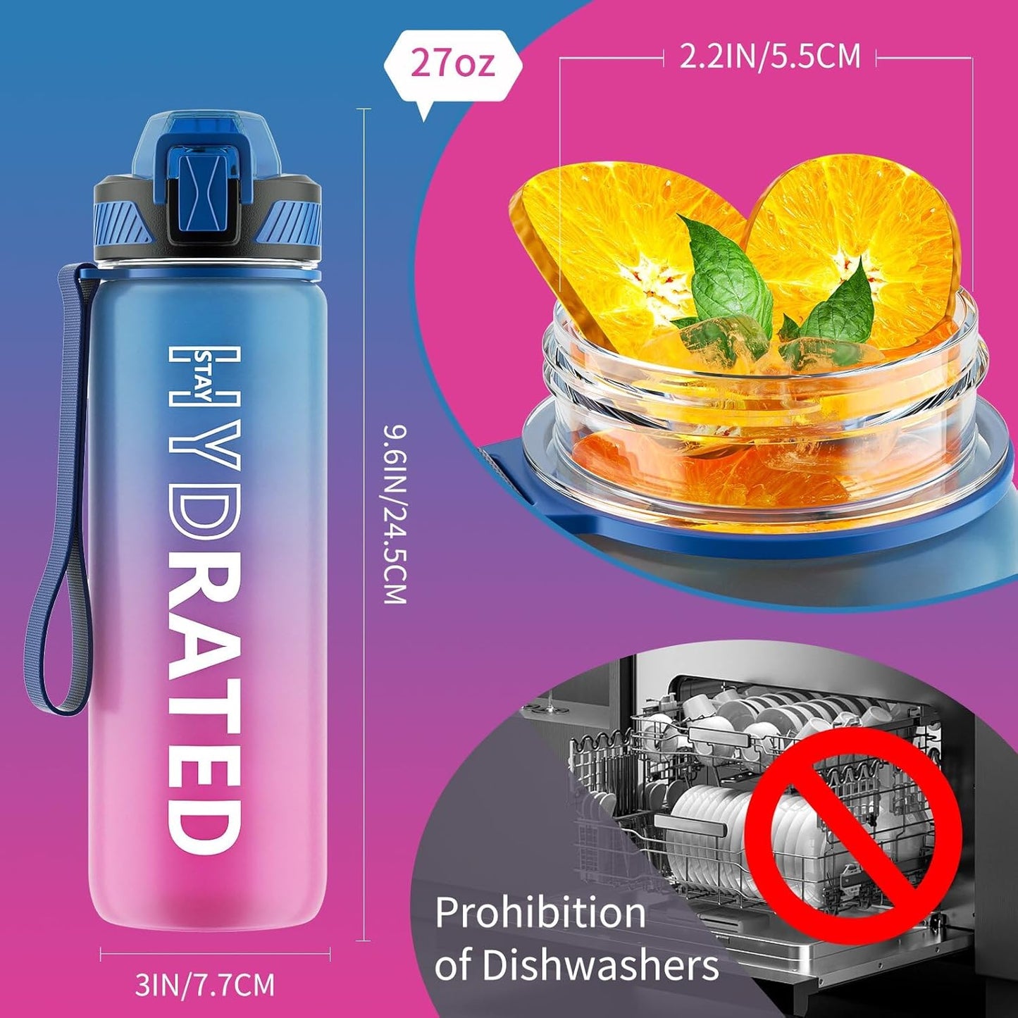 QLUR Water Bottle with Straw, 32oz Motivational Water Bottles with Time Marker to Drink, Tritan BPA Free, 1L Sports Water Bottle with Carry Strap LeakProof for Women Gym Fitness Outdoor (1 Pack)