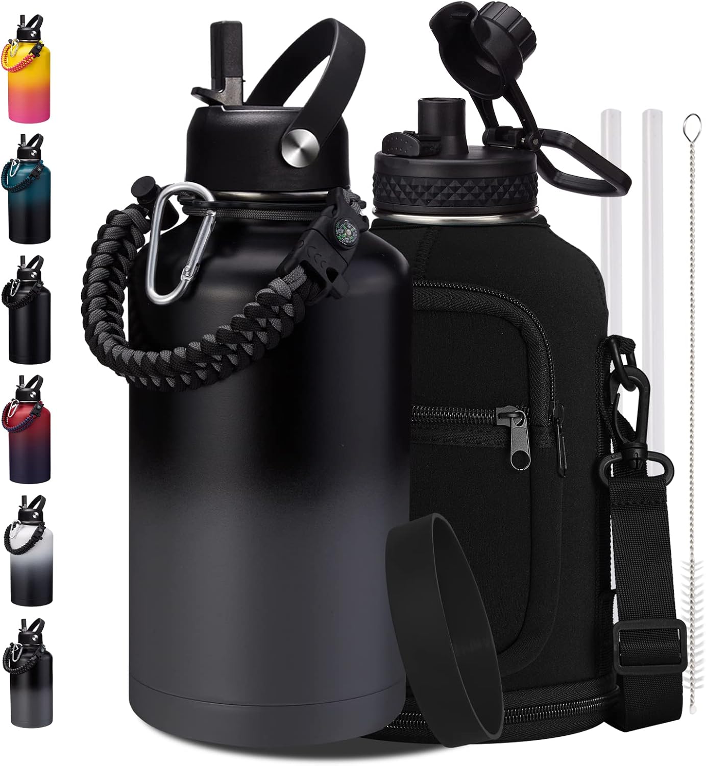 32/40/64OZ Insulated Water Bottle - Keep Cold 48H Hot 24H, Combo Straw/Spout Lids, Paracord Handle for Gym/Hiking, Carrier Bag +Strap, Cup Mat, BPA-Free Stainless Steel Flask Jug