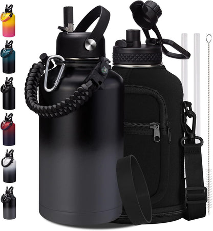 32/40/64OZ Insulated Water Bottle - Keep Cold 48H Hot 24H, Combo Straw/Spout Lids, Paracord Handle for Gym/Hiking, Carrier Bag +Strap, Cup Mat, BPA-Free Stainless Steel Flask Jug