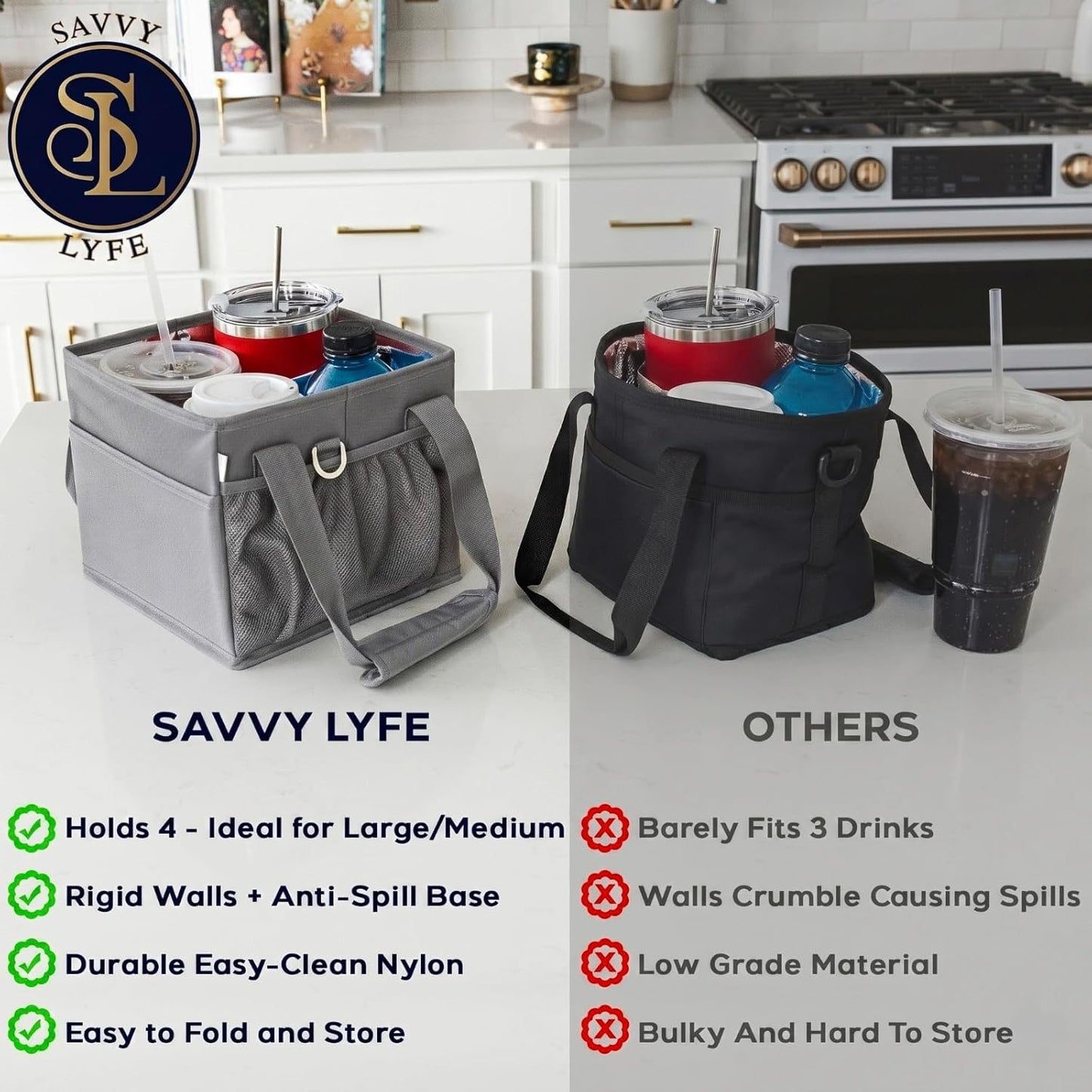 Reusable Drink Carrier with Handle – Tip-Resistant 4 Cup Carrier with Shoulder Strap for Delivery – Insulated, Foldable, Adjustable Dividers – Portable Caddy Tote Bag, Drink Holder for Car