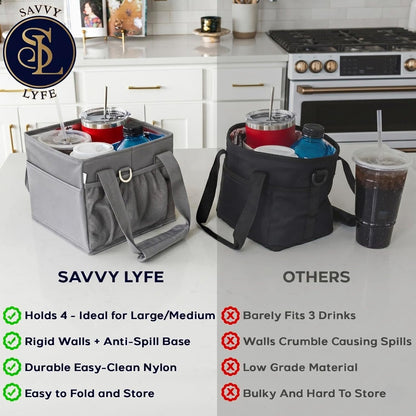 Reusable Drink Carrier with Handle – Tip-Resistant 4 Cup Carrier with Shoulder Strap for Delivery – Insulated, Foldable, Adjustable Dividers – Portable Caddy Tote Bag, Drink Holder for Car
