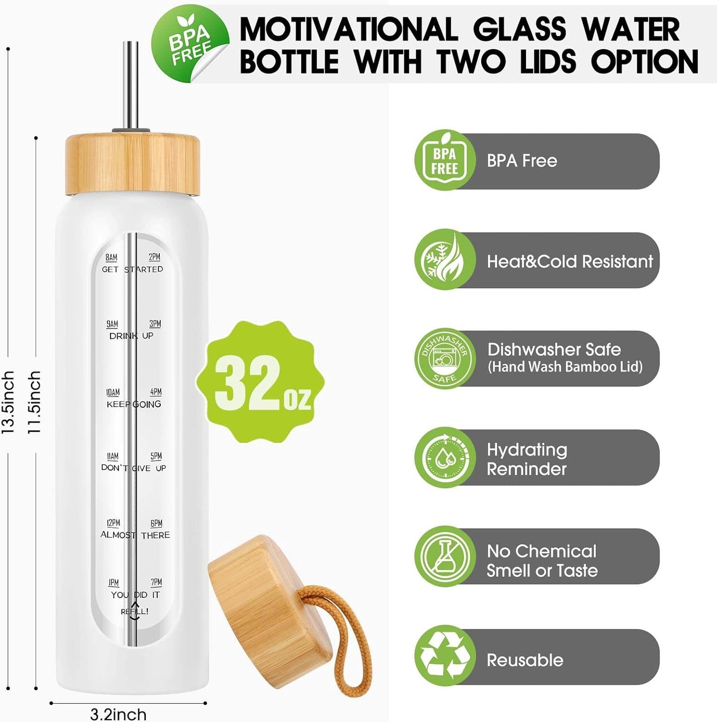 SipZest 32 oz Glass Water Bottle with Straw - Motivational Time Marker & Silicone Sleeve - Reusable Tumbler Includes 2 Bamboo Lids & Fruit Infuser - 1 Pack