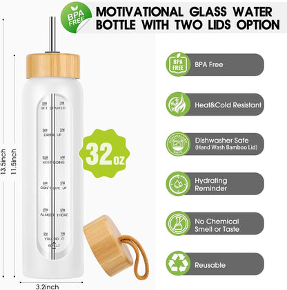 SipZest 32 oz Glass Water Bottle with Straw - Motivational Time Marker & Silicone Sleeve - Reusable Tumbler Includes 2 Bamboo Lids & Fruit Infuser - 1 Pack