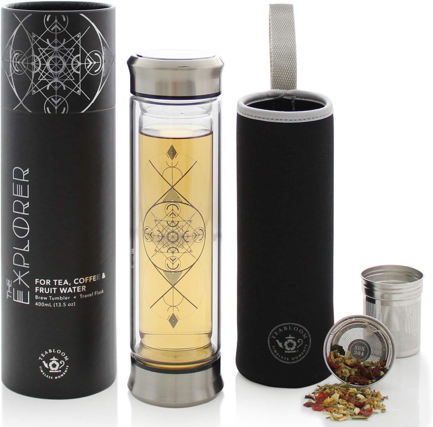 Teabloom All-Beverage Infusion Bottle – 14 oz / 400 ml – Double Wall Insulated Glass Travel Flask – Hot Tea & Cold Brew Coffee Thermos – Removable Sleeve