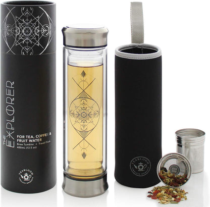 Teabloom All-Beverage Infusion Bottle – 14 oz / 400 ml – Double Wall Insulated Glass Travel Flask – Hot Tea & Cold Brew Coffee Thermos – Removable Sleeve