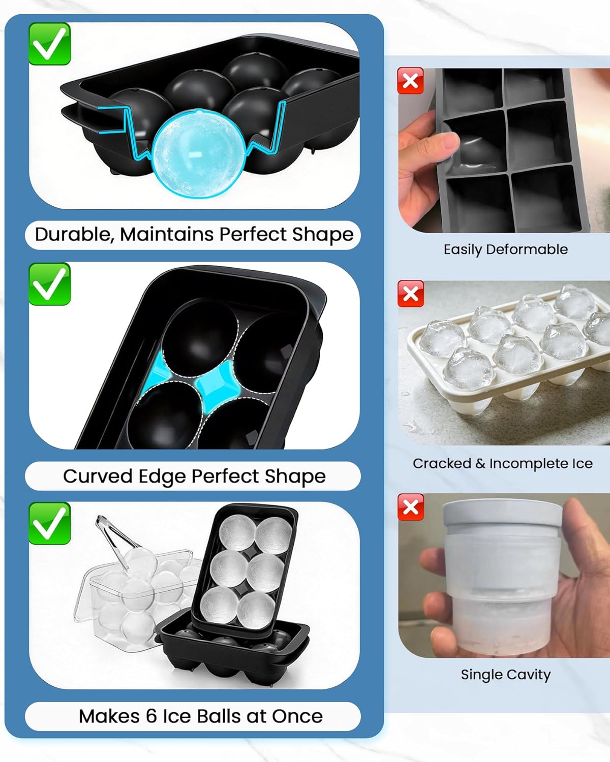 Large Ice Cube Tray for Freezer - 2 Pack Stackable Round Ice Cube Molds Set, Easy to Fill & Release with Storage Bin and Tongs for Kitchen, Party, Cocktail & Coffee, Gifts for Whiskey Lover (1.93In)