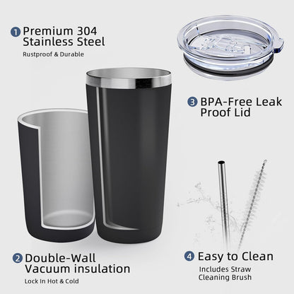GGQ 20oz Travel Coffee Tumbler Food-Grade 304 Stainless Steel Vacuum Insulated Double Wall Leak-Proof Lid Reusable Straw Hot and Cold Drinks Cup Holder Friendly (Light Blue)