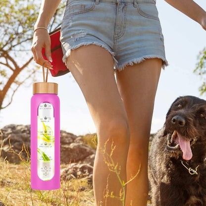 Aqulea Glass Water Bottles 25 Oz with Silicone Sleeve - BPA Free Reusable Wide Mouth Glass Motivational Water Bottles with Fruit Infuser – Leak Proof Borosilicate Water Bottle with Time Marker (White)