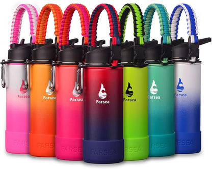Farsea Insulated Water Bottle With Paracord Handle, Protective Silicone Boot and 2 Lids (Straw Lid & Spout Lid), Stainless Steel Water Bottle Wide Mouth, Double Wall Sweat-Proof BPA-Free, 24 oz