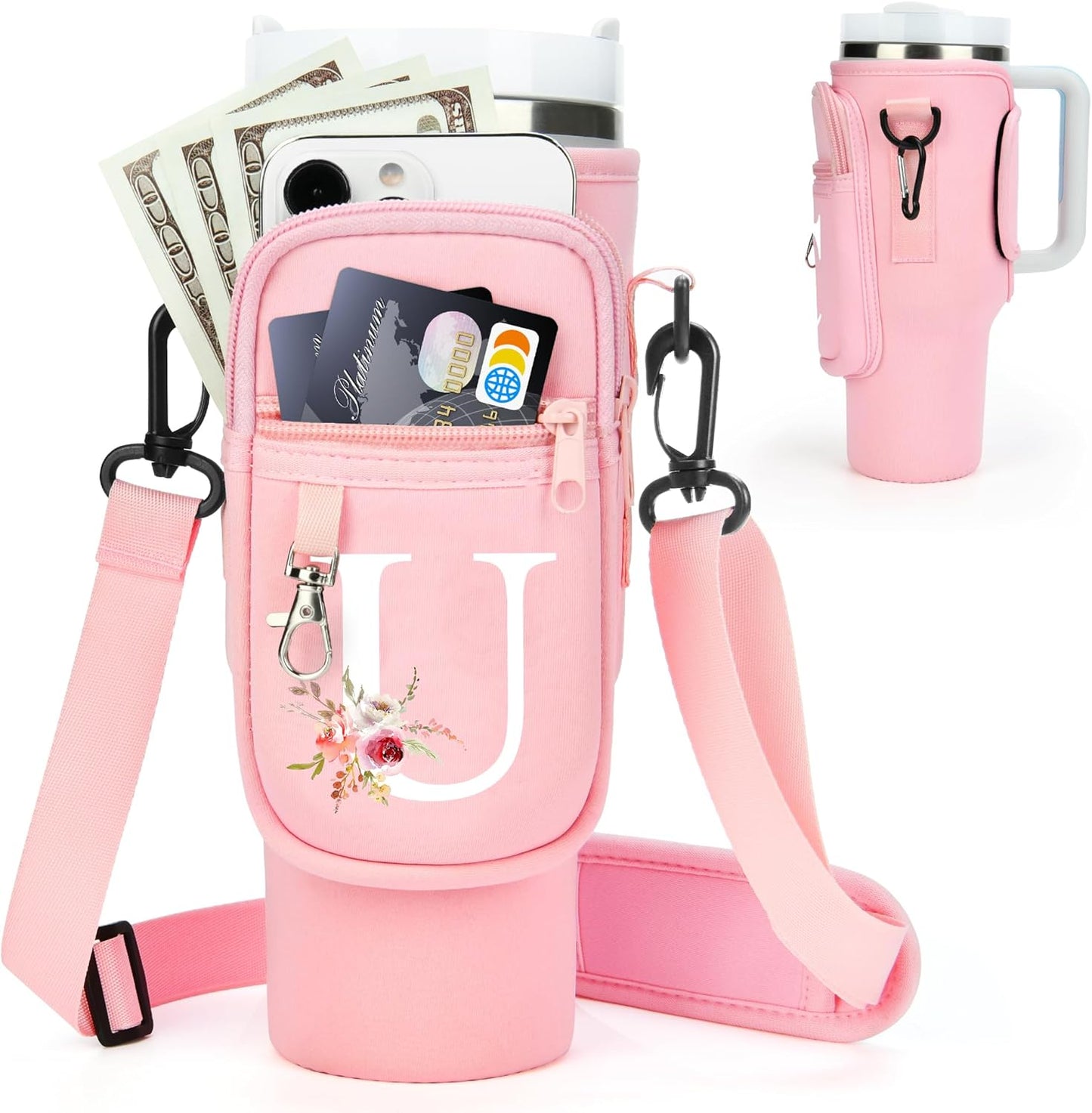 Initial Water Bottle Holder with Strap for Stanley Cup Accessories 40 oz/Simple Modern Tumbler, Birthdays for Women Girls, Water Bottle Carrier Bag with Phone Pocket,Hiking Walking Gym Camping