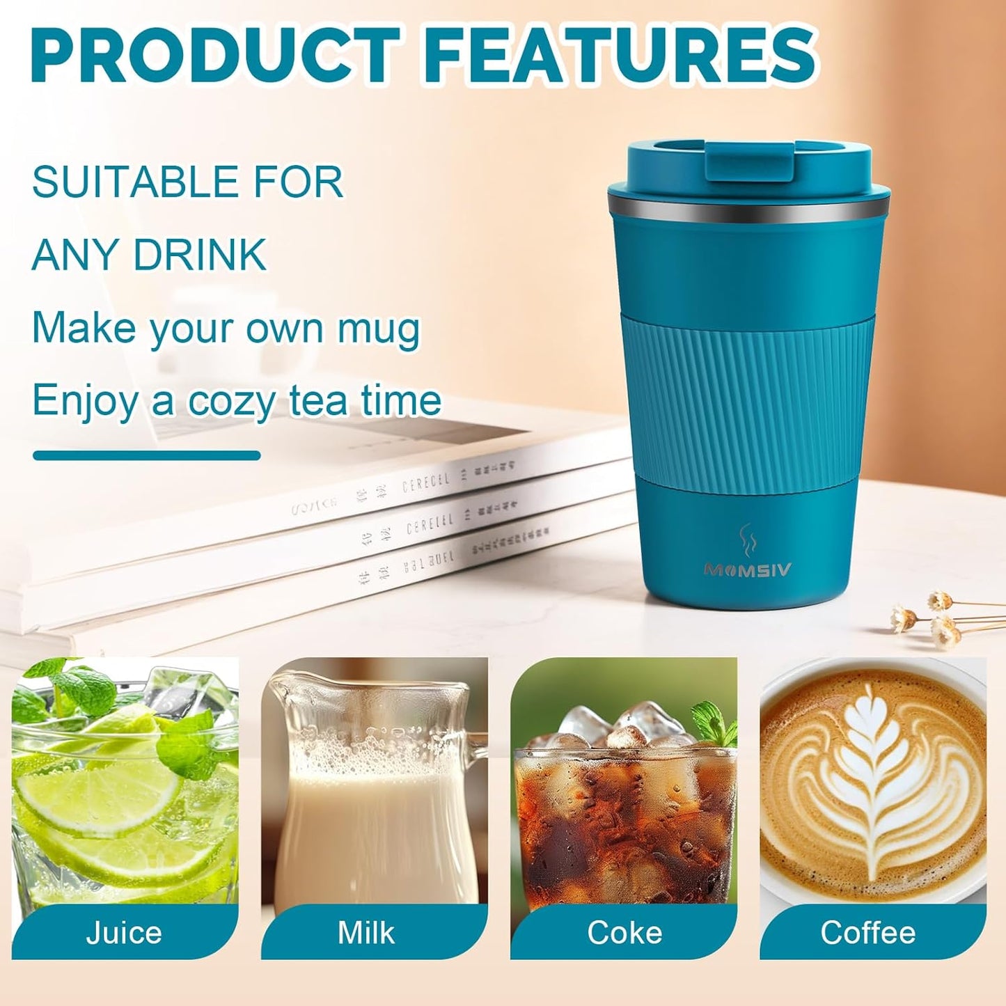 MOMSIV 12oz Travel Mug, Insulated Coffee Cup with Leakproof Lid, Travel Coffee Mug Vacuum Stainless Steel Double Walled Reusable Coffee Cup for Hot and Cold Water Coffee