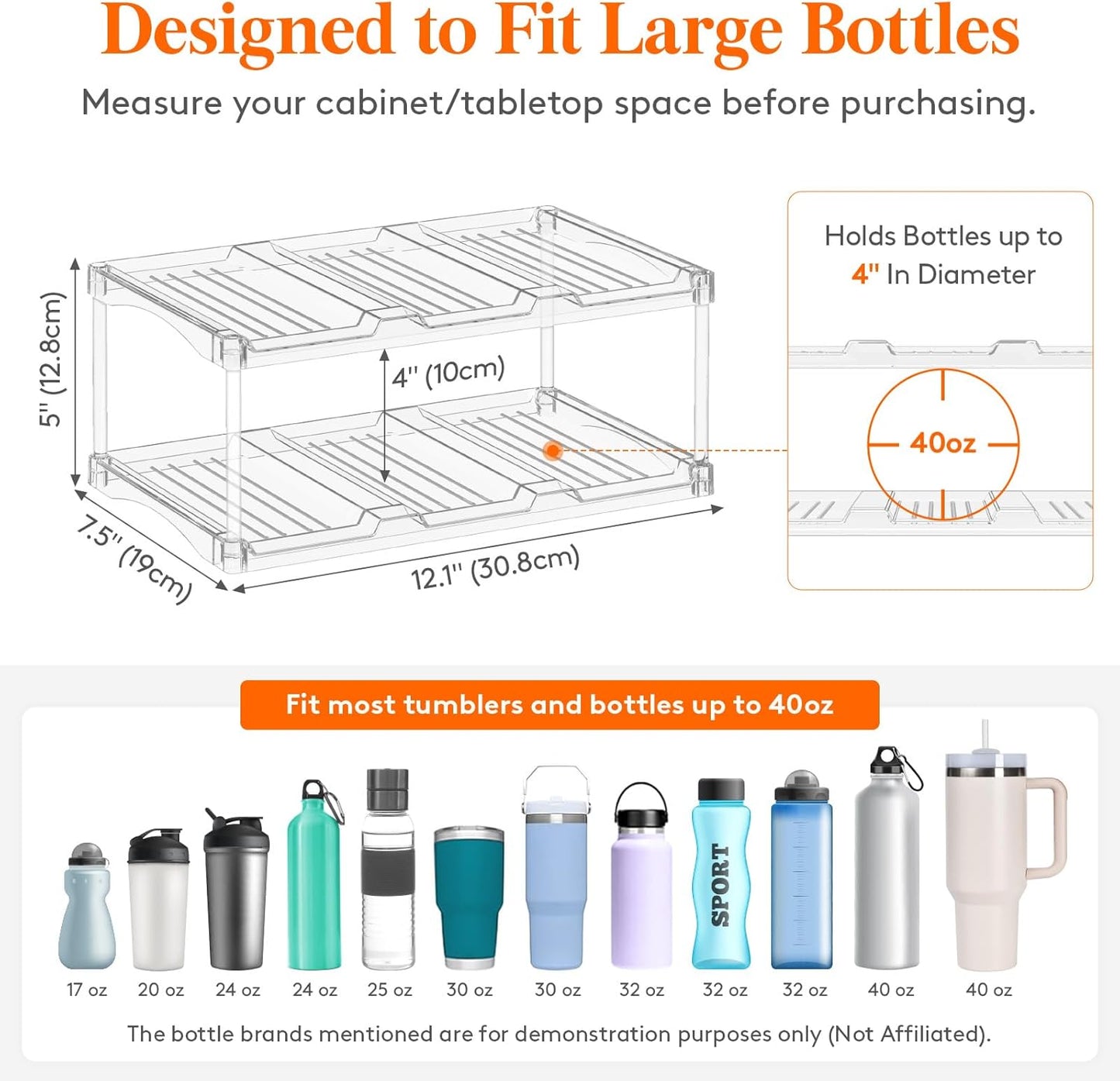Lifewit Stackable Bottle Storage Organizer, Clear Freestanding Wine Holder for Cabinet, Large Slot Water Bottle Tumbler Cup Organizer for Pantry, Plastic Wine Rack for Fridge Cellar, 3Tier Hold 9