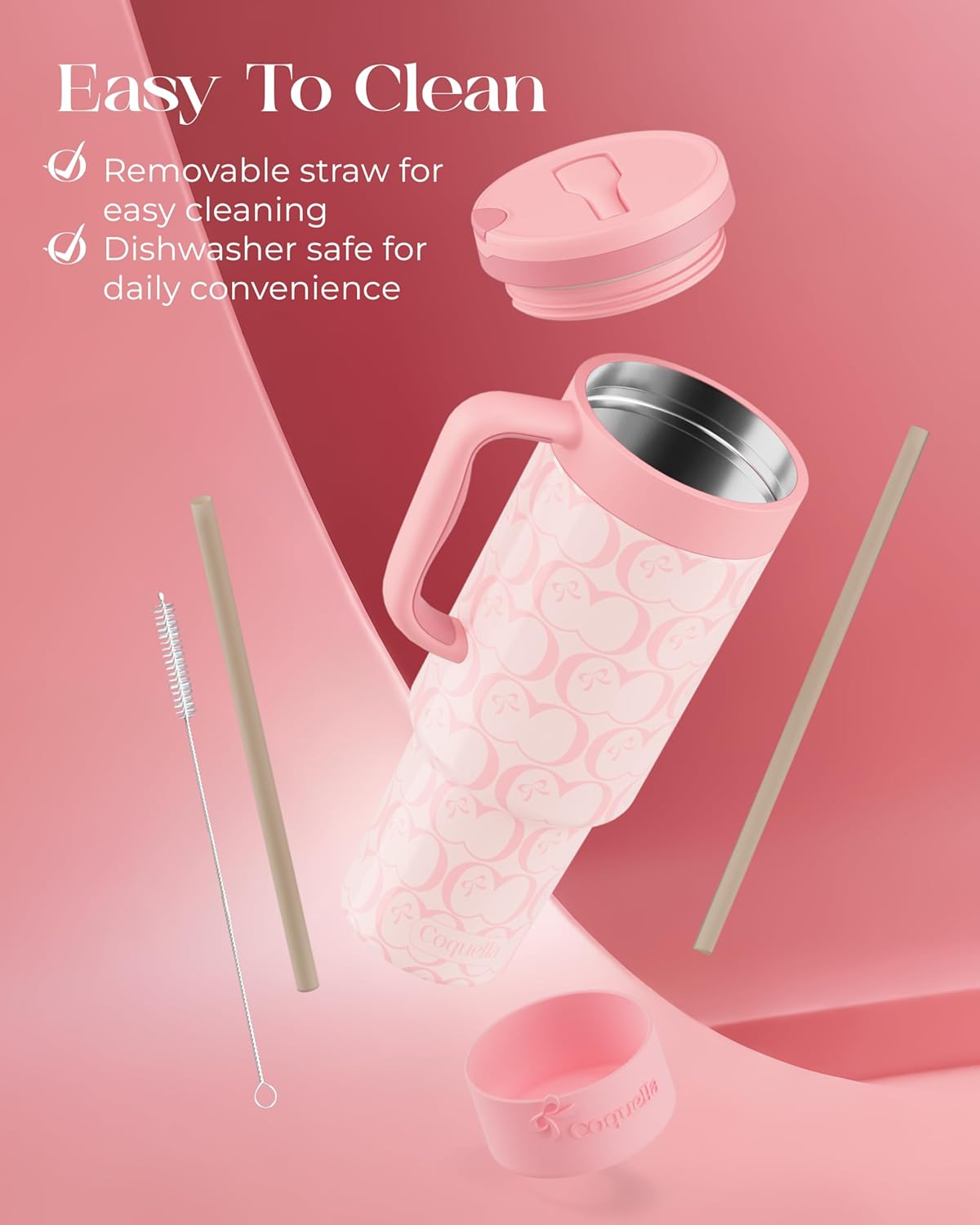 40 oz Insulated Tumbler with Handle and Push-Button Straw Lid, Stainless Steel Travel Cup for Gym Office, Leakproof, BPA-Free, Cup Holder Friendly, Bow Silicone Boot, Purple (Light Lilac)