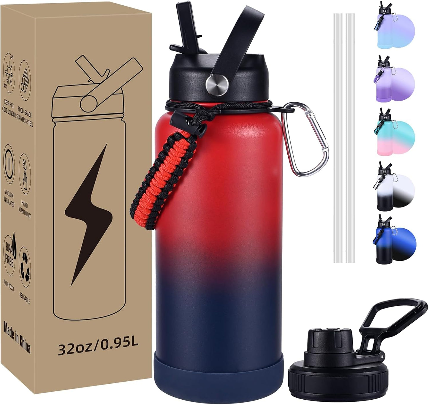 Insulated Water Bottle, 32 oz Stainless Steel Wide Mouth Water Bottles with 2 Leak Proof Lid and Paracord Handle, Double Wall Vacuum Insulated Sports Water Bottle, Purple Black