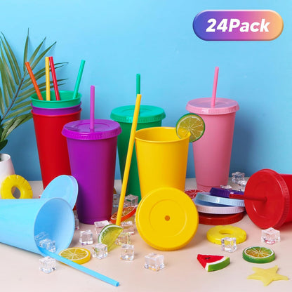 24 Pack Plastic Tumblers with Lids and Straw, Reusable Cups with Lids and Straws Colorful Cups for Cold Drink Iced Coffee, Plastic Tumbler Bulk for Party Birthday Gifts (24 oz, Stylish Colors)