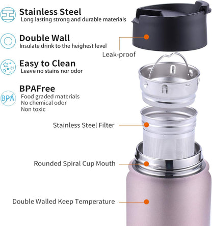 Sivaphe Tea Infuser Bottle With Removable Loose Leaf Tea Strainer Cup 18/8 Stainless Steel Portable Insulated Travel Tea Tumbler Black