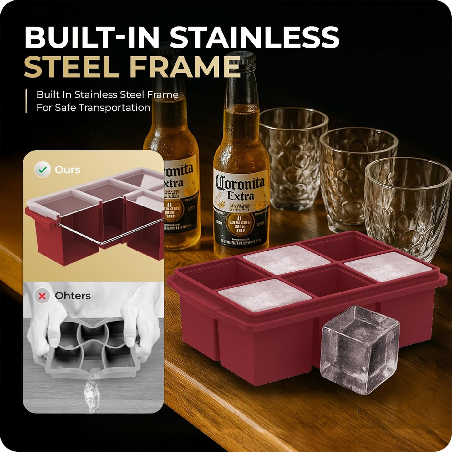 Large Ice Cube Trays for Whiskey, Silicone Ice Cube Tray, with Reinforced Steel Ring Top, Makes 12 perfect 2-in ice cubes, Square Ice Tray for Cocktails, Whiskey, Coffee. (2 Pack)