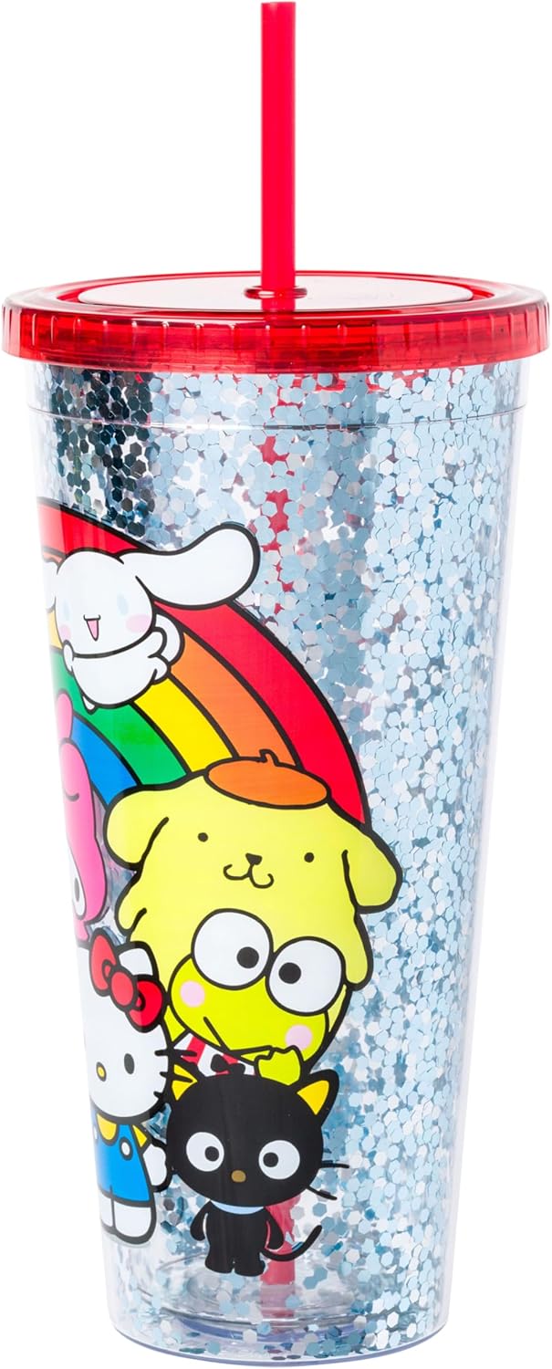 Silver Buffalo Sanrio Hello Kitty Milk Carton Pattern Plastic Boba Tumbler w Lid and Wide Straw, 24 Ounces