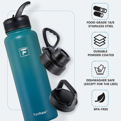 Fanhaw 40 oz Insulated Water Bottle – Stainless Steel Flask with 3 Lids (Straw, Spout, Carabiner) | Durable, Leakproof, for Hiking, Camping, Outdoor Adventures & Travel (Green Blue)