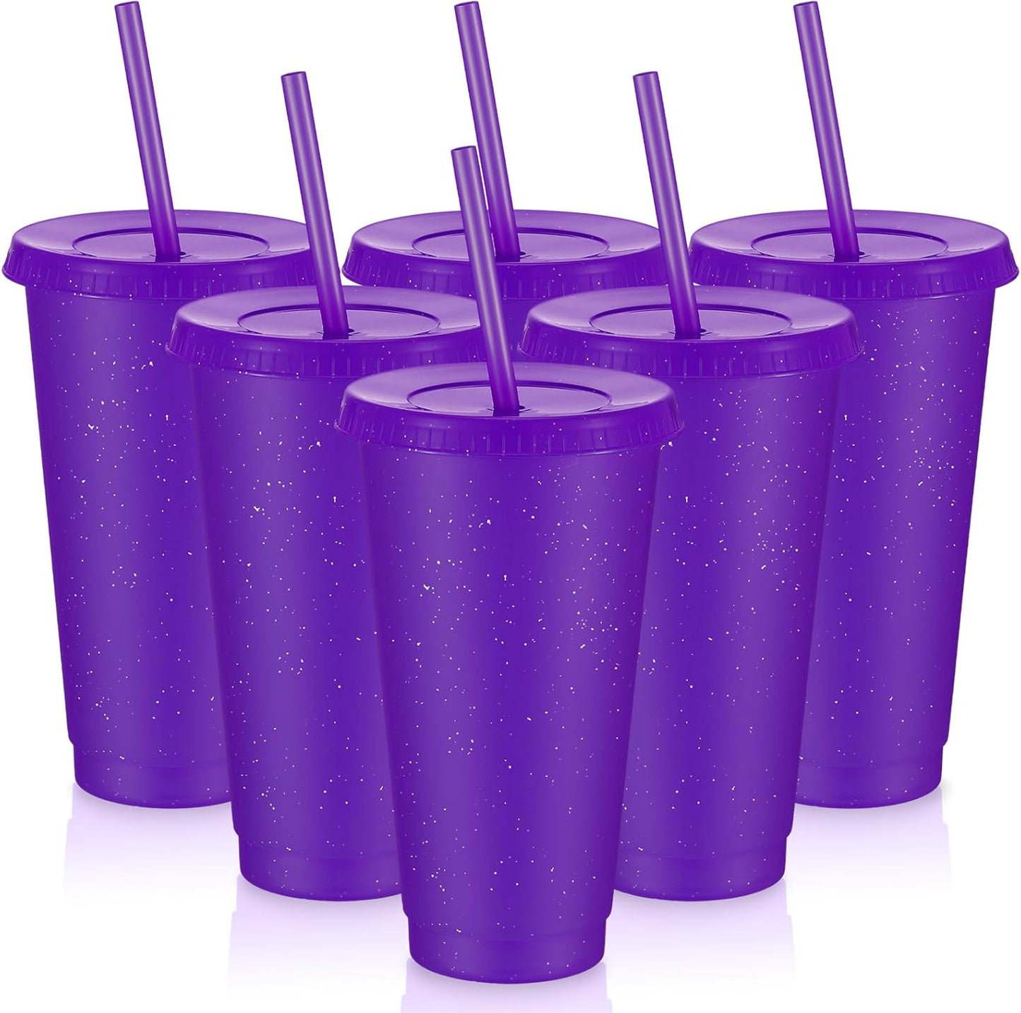 Uiifan 6 Pcs 24 oz Reusable Tumbler with Lids and Straws Plastic Iced Coffee Tumbler Glitter Travel Mug Cup for Smoothie Juices Birthday Party Cold Drink Coffee Cup Bulk for Adult Kid Women (Clear)
