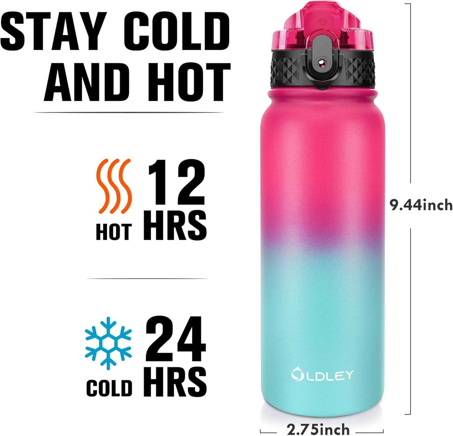 Oldley Insulated Water Bottle 20oz for Adults Kids Stainless Steel Water Bottles with Straw/Chug/Carabiner 3 Lids Fruit Strainer Double Wall Vacuum Wide Mouth BPA Free Leak-Proof for School Travel