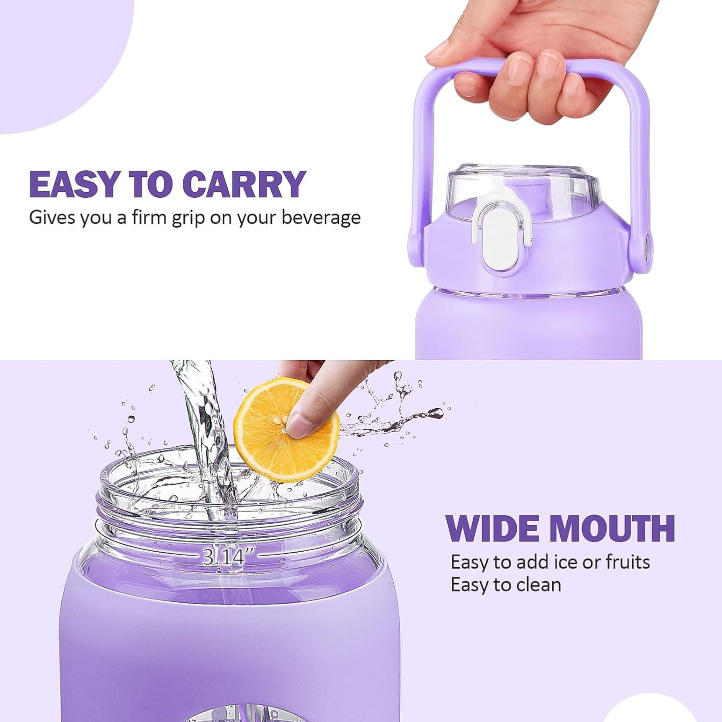 64oz Glass Water Bottles with Straw, Half Gallon Motivational Glass Bottle with Silicone Sleeve and Time Marker, 2L Leakproof Large Glass Water Jug for Gym Home Office,olive