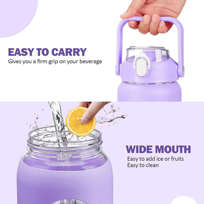 64oz Glass Water Bottles with Straw, Half Gallon Motivational Glass Bottle with Silicone Sleeve and Time Marker, 2L Leakproof Large Glass Water Jug for Gym Home Office,olive