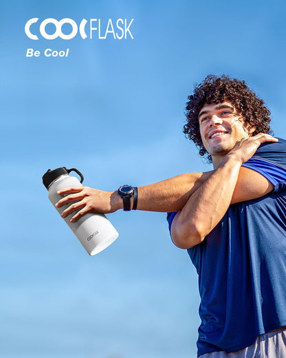 Half Gallon Water Bottle Insulated with Straw & 3 Lids, Coolflask 64 oz Water Jug Large Metal Stainless Steel Wide Mouth for Sports, Gym or Office, Non-BPA Keep Cold 48H Hot 24H, Samurai Cyan