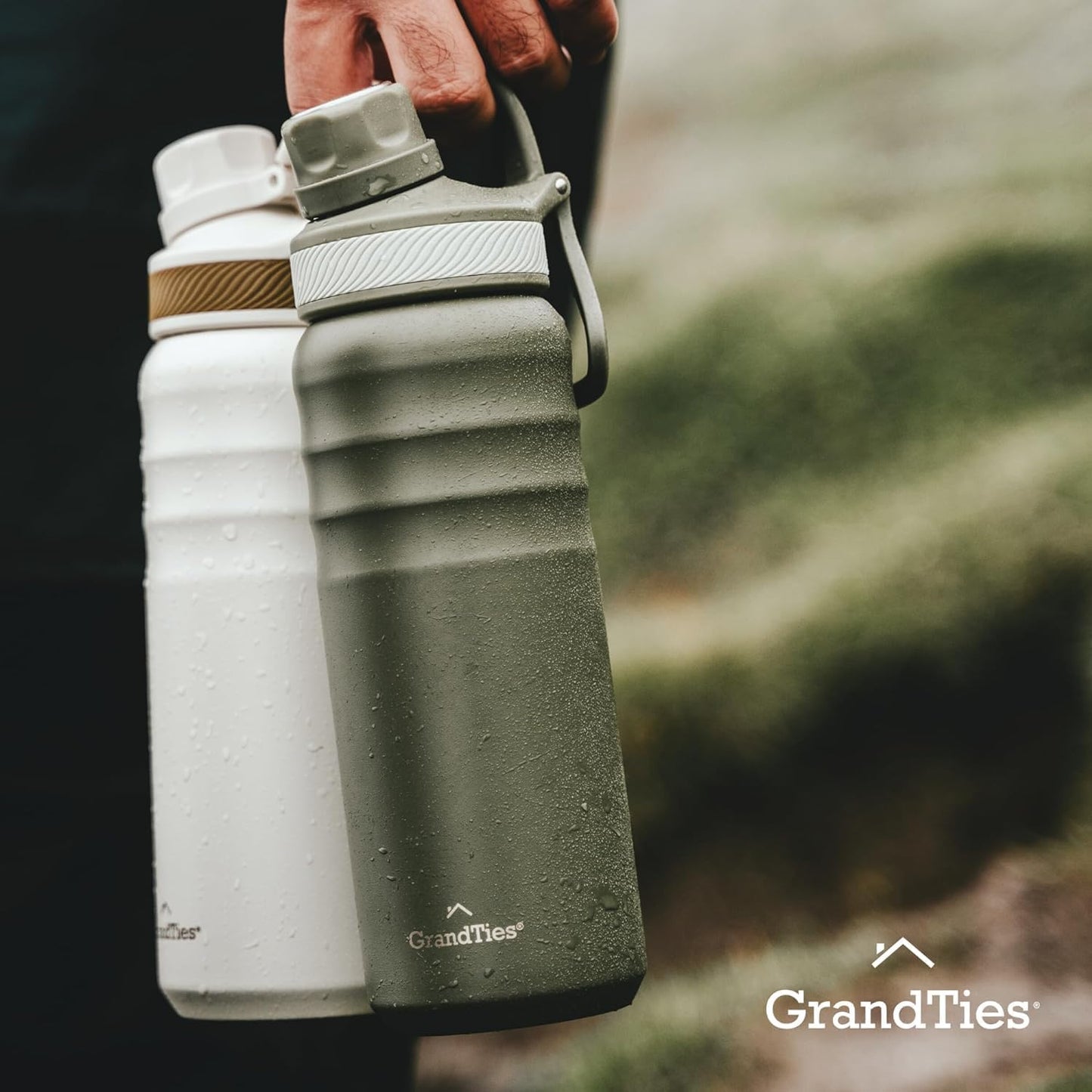 GRANDTIES 2 Lids Sports Stainless Steel Water Bottles – Wide Mouth Vacuum Insulated Reusable Leak Proof BPA-Free Travel Metal Canteen, Thermal Bottles for Men Women Gym (Ivory White 32 oz)