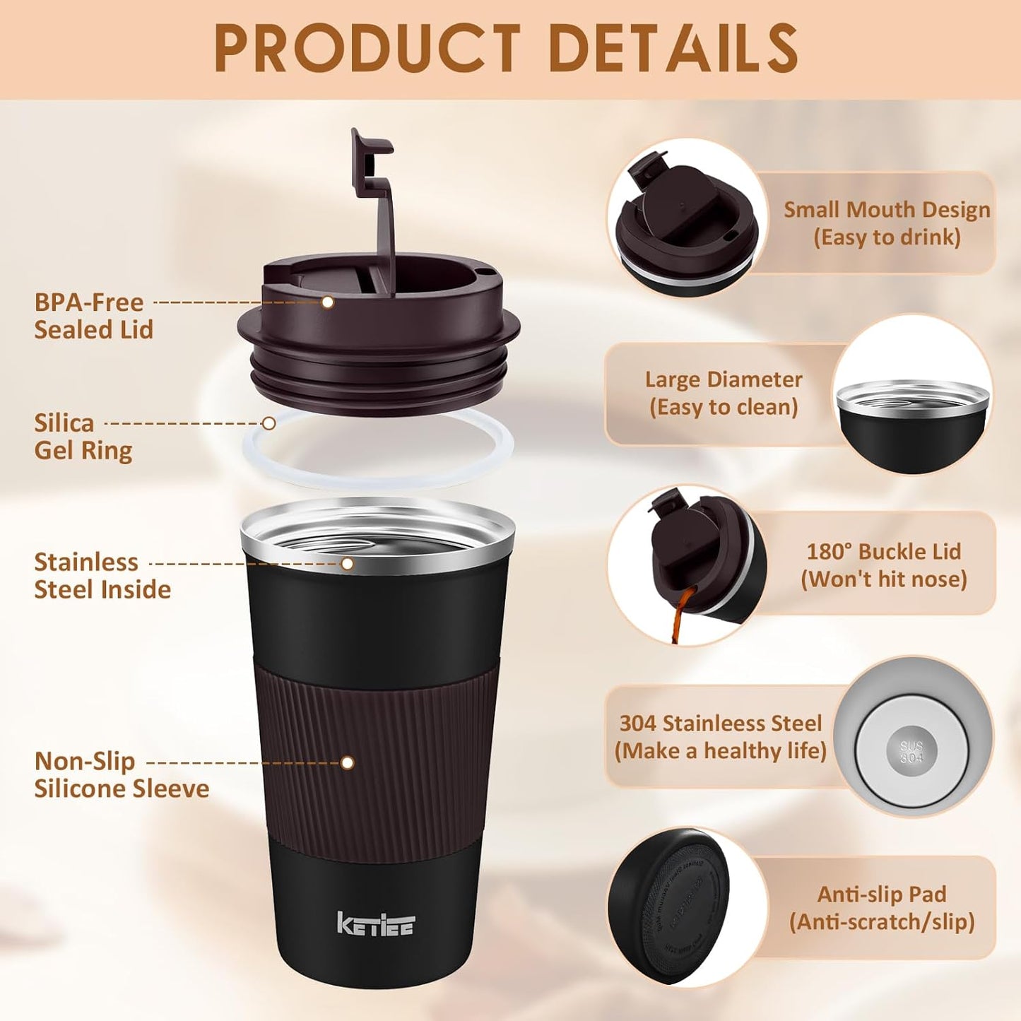 KETIEE Travel Coffee Mug Spill Proof 12oz, Insulated Travel Mug to Go, Reusable Coffee Cup with Seal Lid, Vacuum Stainless Steel Tumbler for Hot/Cold Drinks (Red)