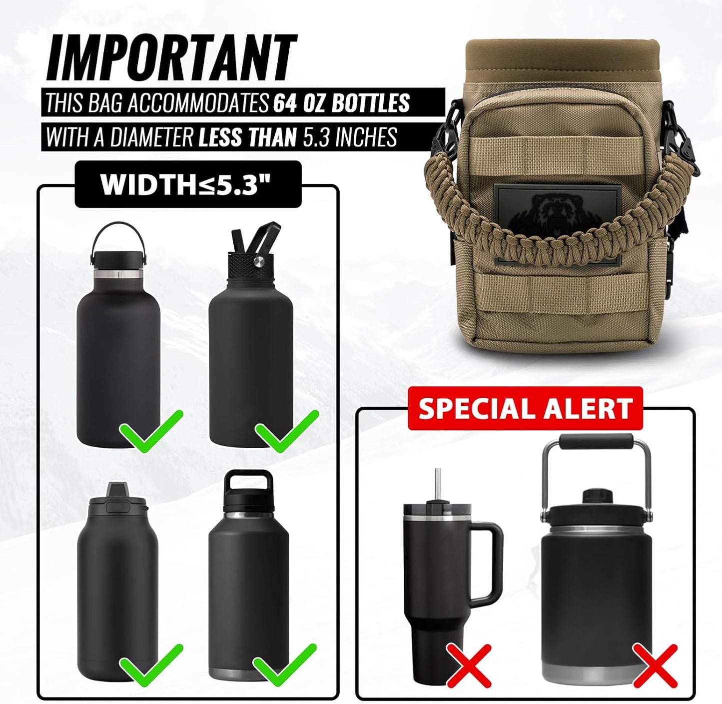 NATURE PIONEOR 32 64 128oz Tactical Water Bottle Pouch, Multi-Function Tactical Water Bottle Bag with Adjustable Shoulder Strap, Half/One Gallon Molle Strap Carrier Holder