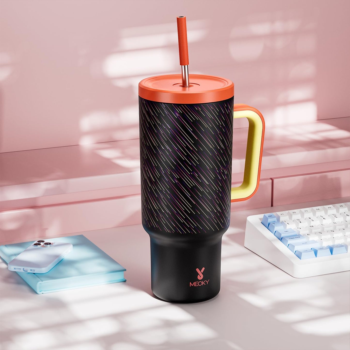 Meoky 40 oz Tumbler with Handle and Straw: Stainless Steel Insulated Tumbler with Lid and Straw - 100% Leak Proof Tumbler for Car Cup Holders - Travelers Commuters Workers, Pink
