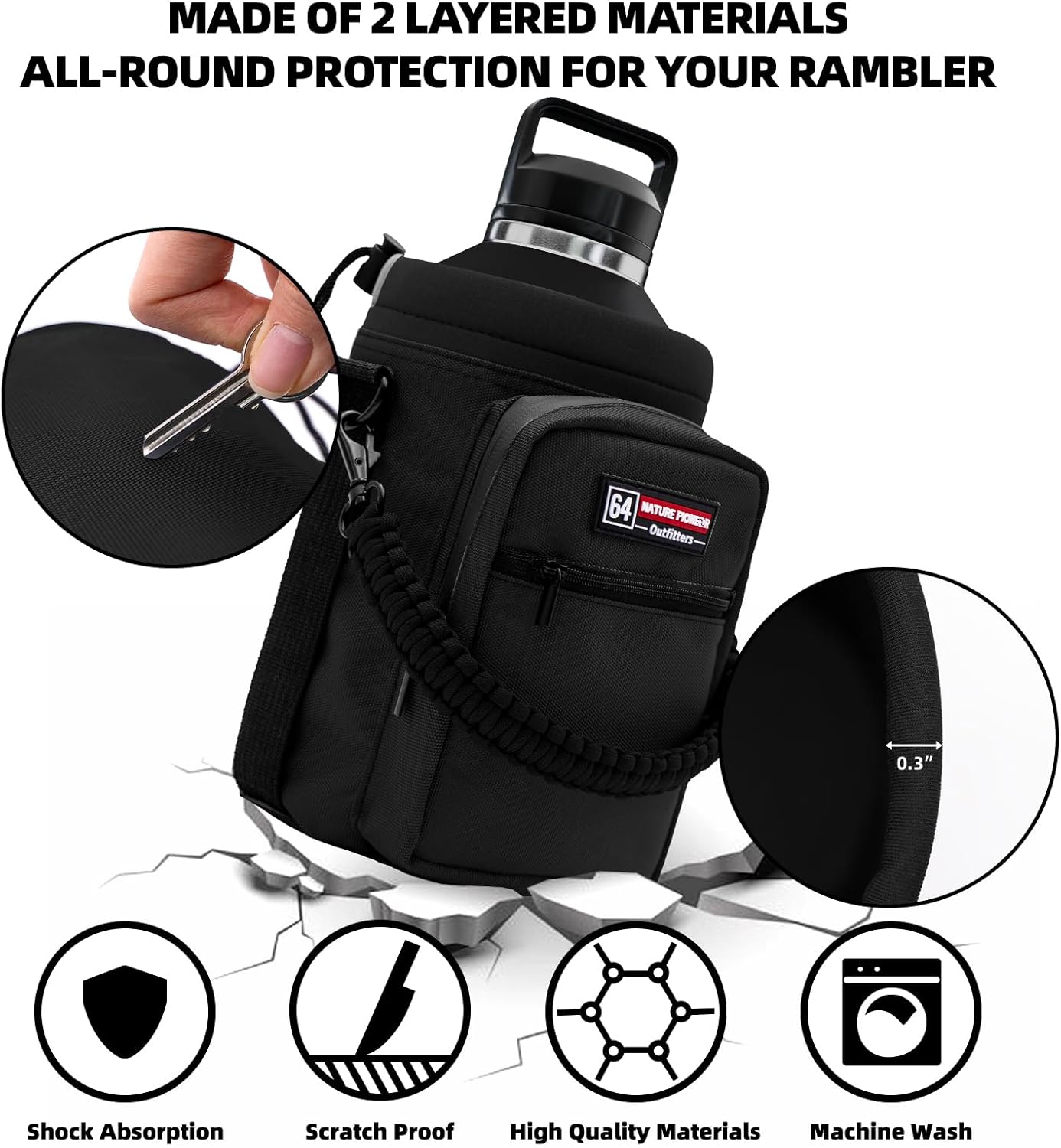 NATURE PIONEOR Water Bottle Holder with Adjustable Strap - Half/One Gallon (64/128oz) Insulated Water Bottle Sling Carrier with Phone Pocket & Paracord Handle, Outdoor Camping, Hiking, Gym