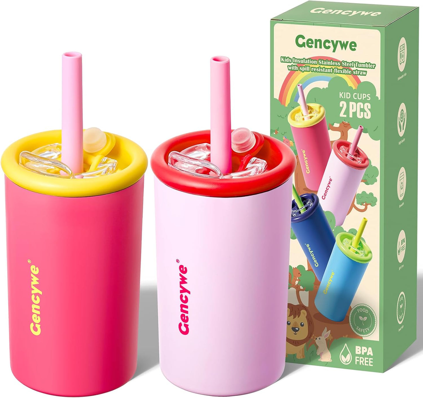 Gencywe 2 PACK Kids Double Walled Stainless Steel Cups with Straws and lids | 12 oz Spill-Proof Sippy Smoothie Tumbler Set, Small Kids Snack & Drink Water Cups, BPA-Free (Age: 3+ years old & up)