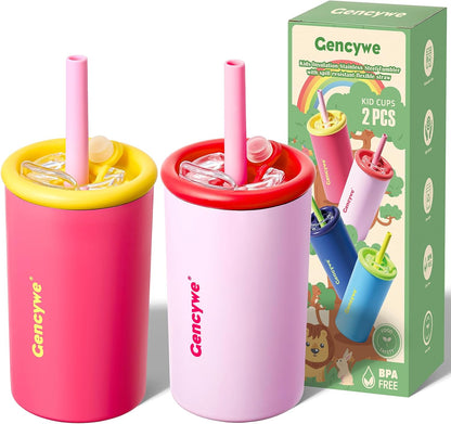 Gencywe 2 PACK Kids Double Walled Stainless Steel Cups with Straws and lids | 12 oz Spill-Proof Sippy Smoothie Tumbler Set, Small Kids Snack & Drink Water Cups, BPA-Free (Age: 3+ years old & up)