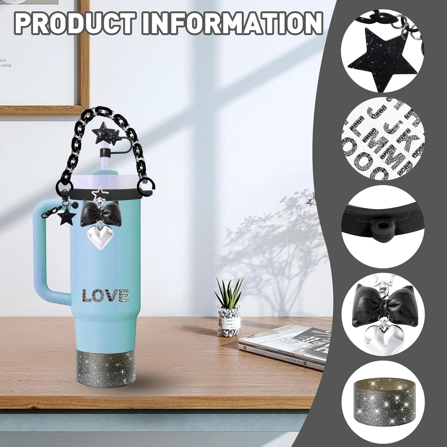 Accessories Set for Stanley Cup,Water Bottle Handle Strap,Straw Topper,Silicone Cover Cap and Boot,Keychain Charms,Handle Charms,Initials Sticker for Stanley Tumbler 40oz/30oz(Purple Ocean)