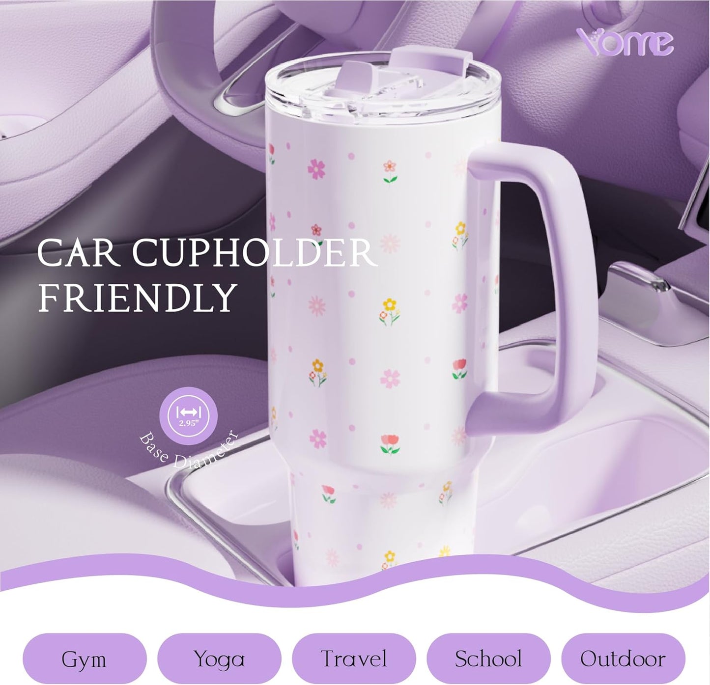 YOME 40oz Nurse Tumbler with Handle and Flip Straw | Stainless Steel Insulated Water Bottle | Keeps Drinks Cold | Dishwasher Safe | Cupholder Friendly | Gift Gym Travel Yoga
